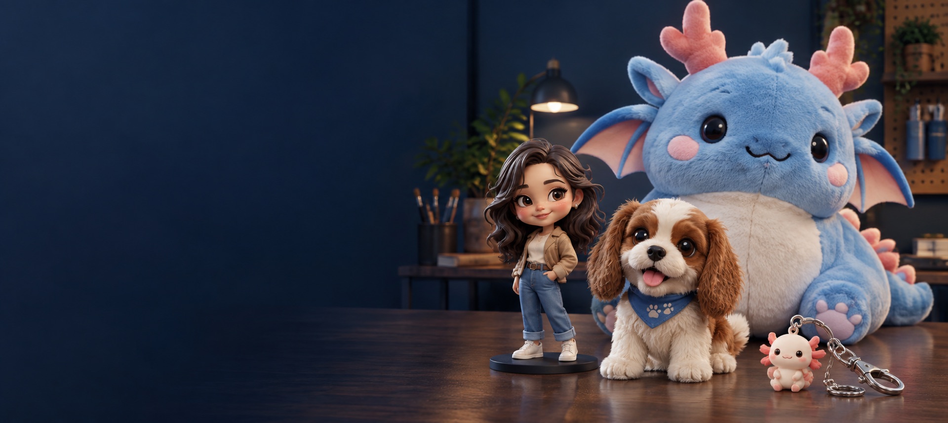 Custom plush toys and personalized figurines in a studio